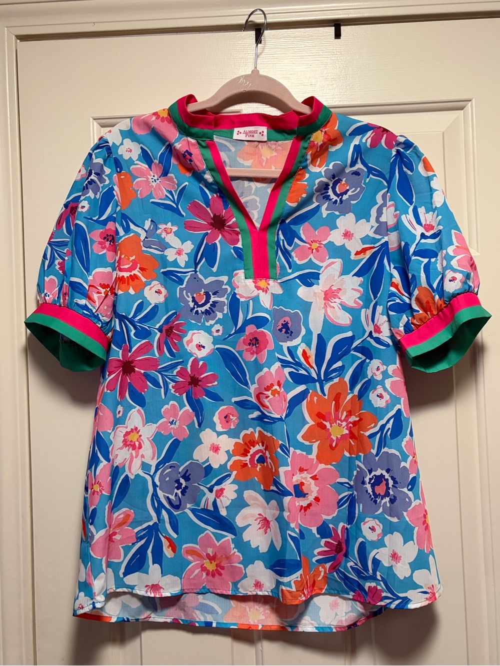 Almost Pink Floral Top with Pink & Orange Blooms